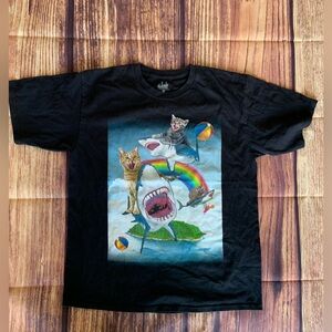 a.lab Men's Short Sleeve Graphic Shark, Cats & Rainbow Black T-Shirt Size: L